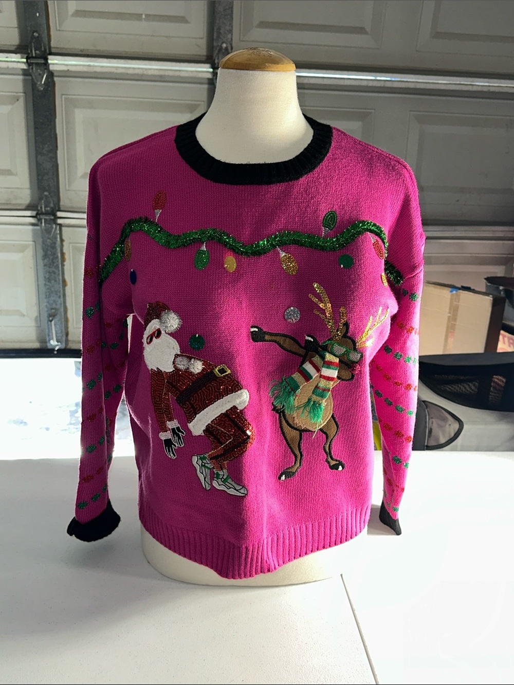 Hot Pink Festive Crewneck Sweater with Santa & Reindeer